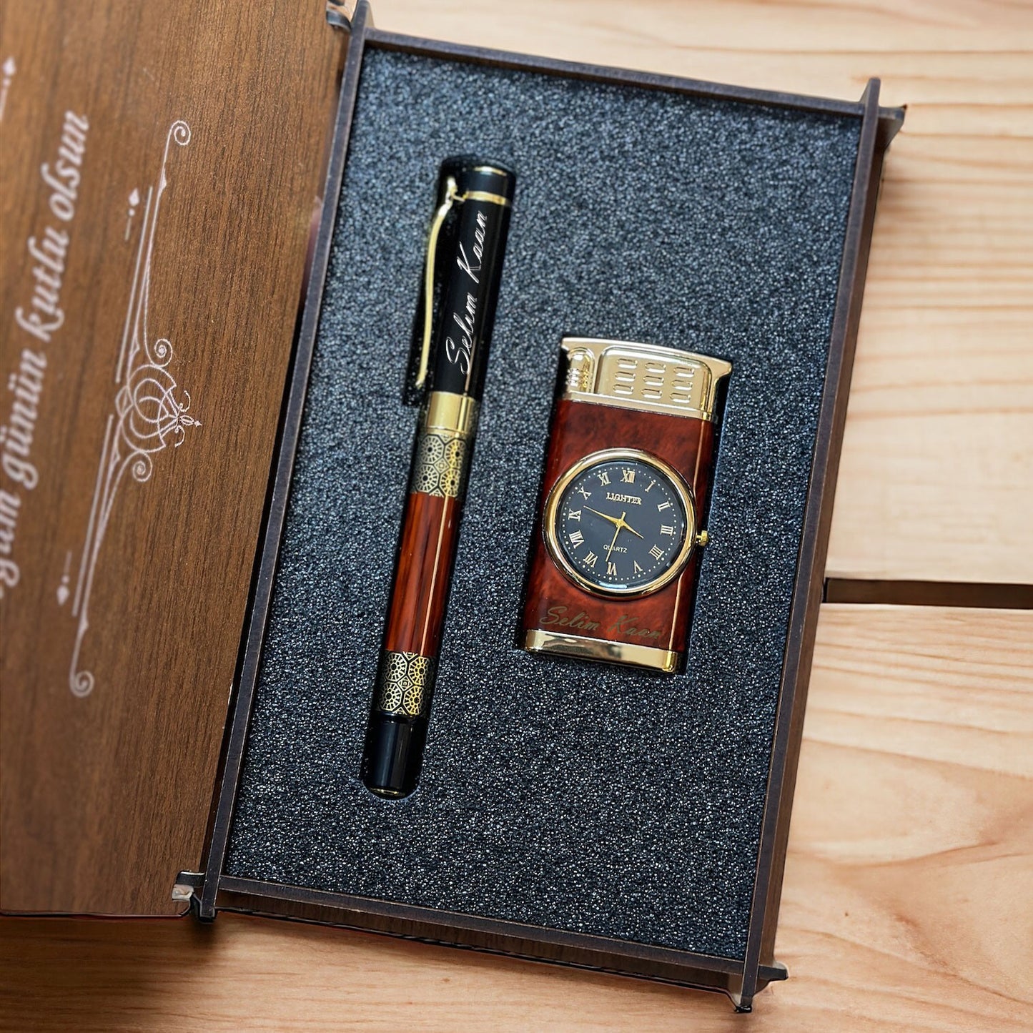 Personalized Rollerball Pen and Lighter with Clock Luxury Gift Set