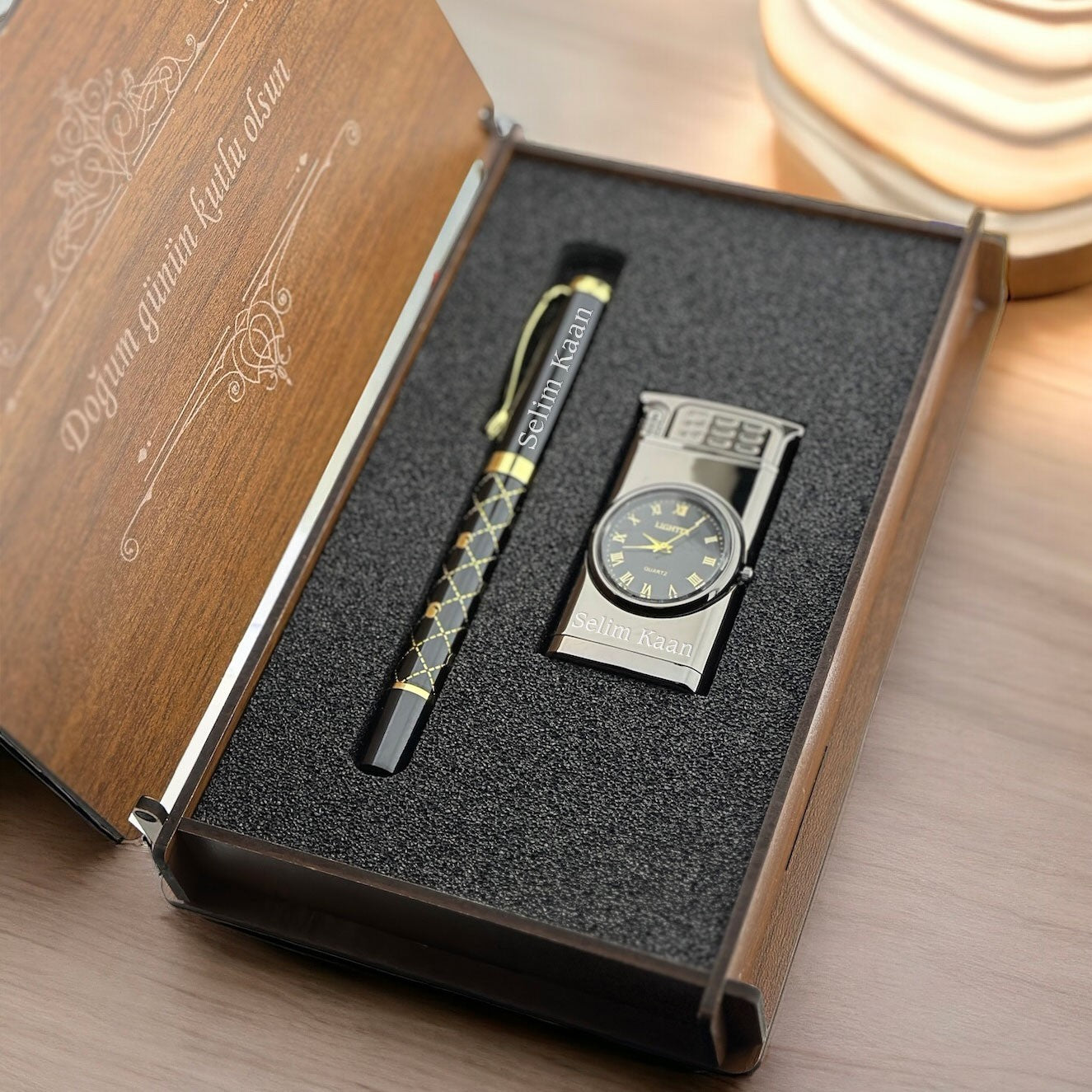 Personalized Rollerball Pen and Lighter with Clock Luxury Gift Set