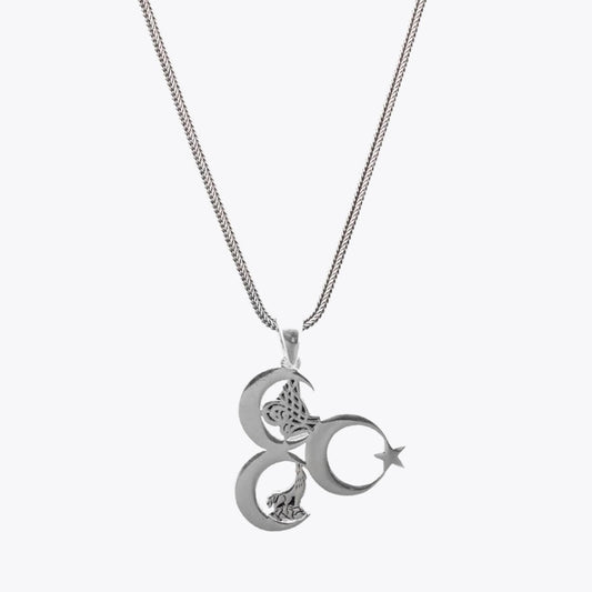 Three Crescents Tugra Wolf Necklace in 925 Sterling Silver