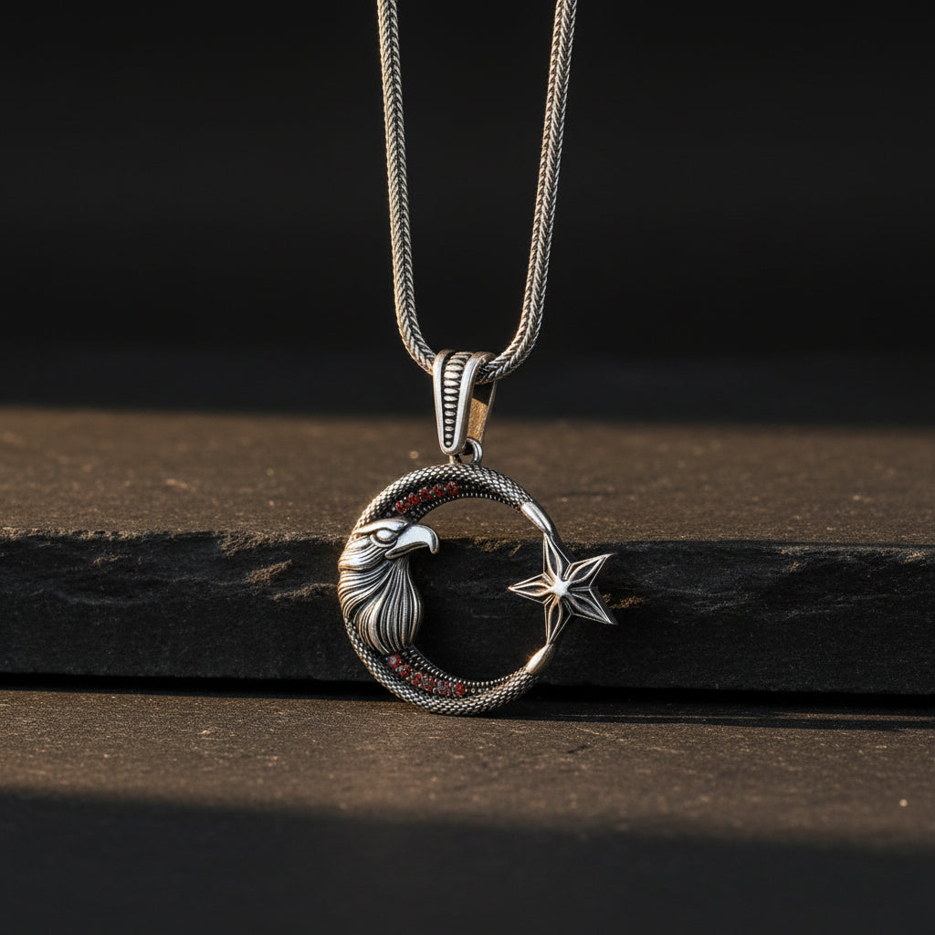 Ay Yıldız Kartal Tasarımlı Gümüş Kolye