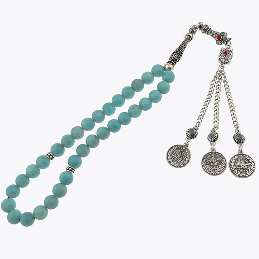 Natural Amazonite Stone Ottoman Mecidiye Tasseled 925 Silver Rosary