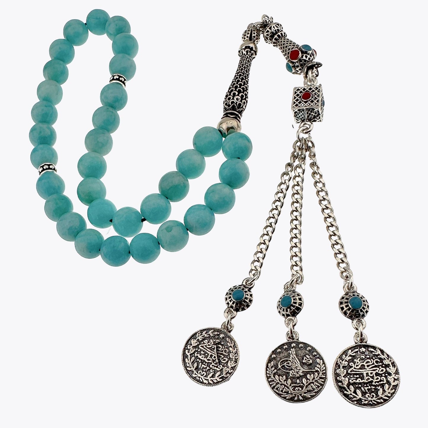 Natural Amazonite Stone Ottoman Mecidiye Tasseled 925 Silver Rosary