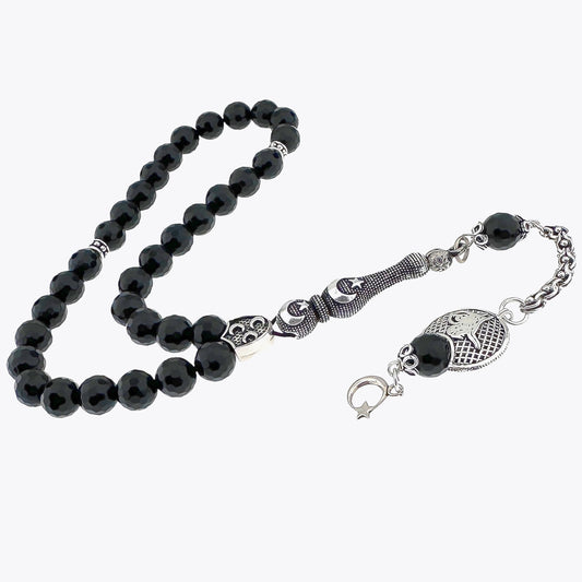 Silver Rosary with Onyx Stone and Crescent Star and Tughra Facet