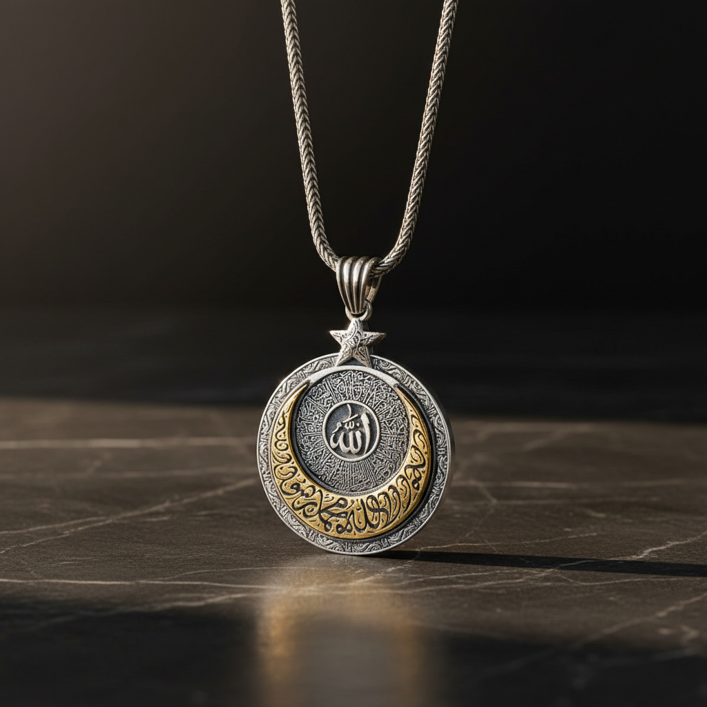 Moon Yildiz Word-i Tevhid Verse-El Kürsi Prayer Silver Collier