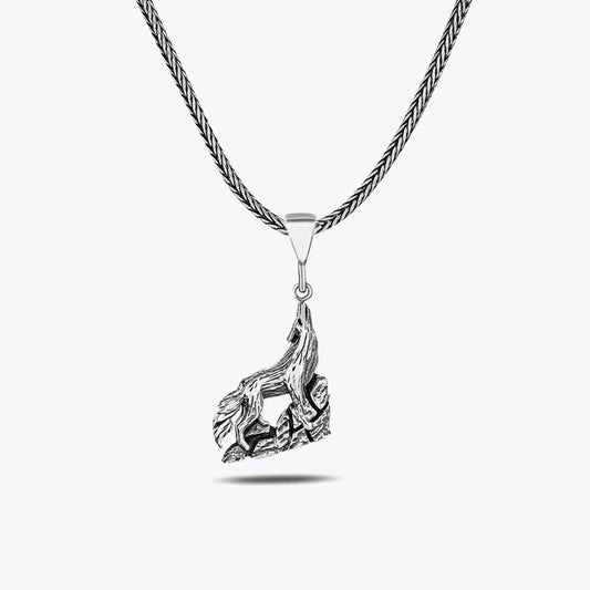 925 Sterling Silver Gray Wolf Men's Necklace