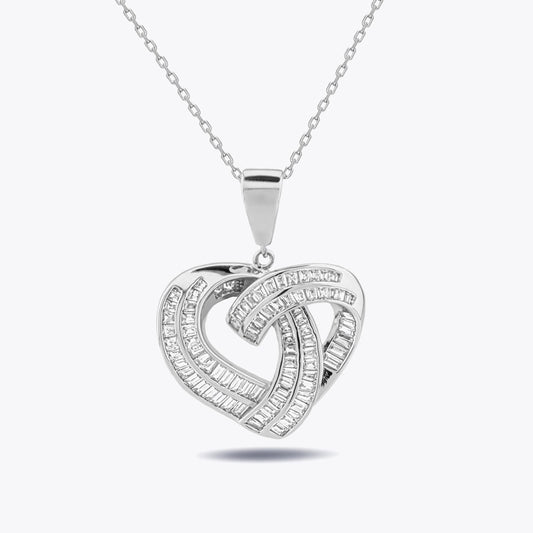 Elegant Baguette Stone Heart Silver Necklace