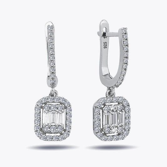 Diamond Style Baguette and Zircon Silver Earring Set