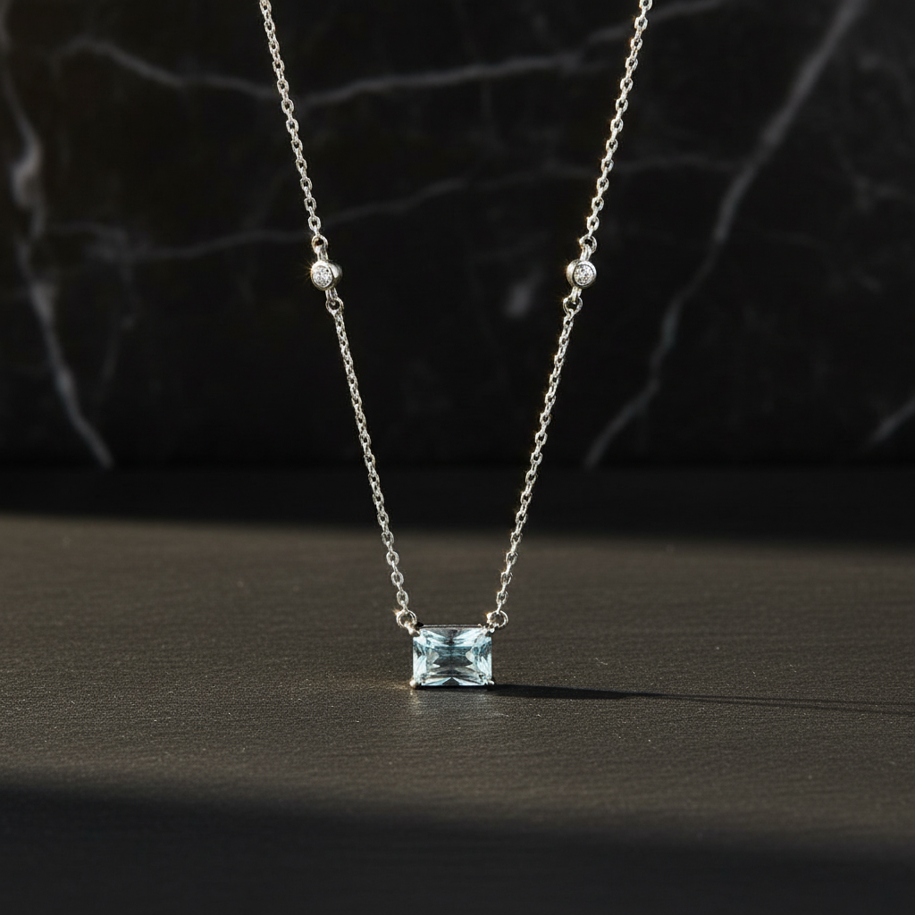 Diamond Style Single Stone Silver Necklace