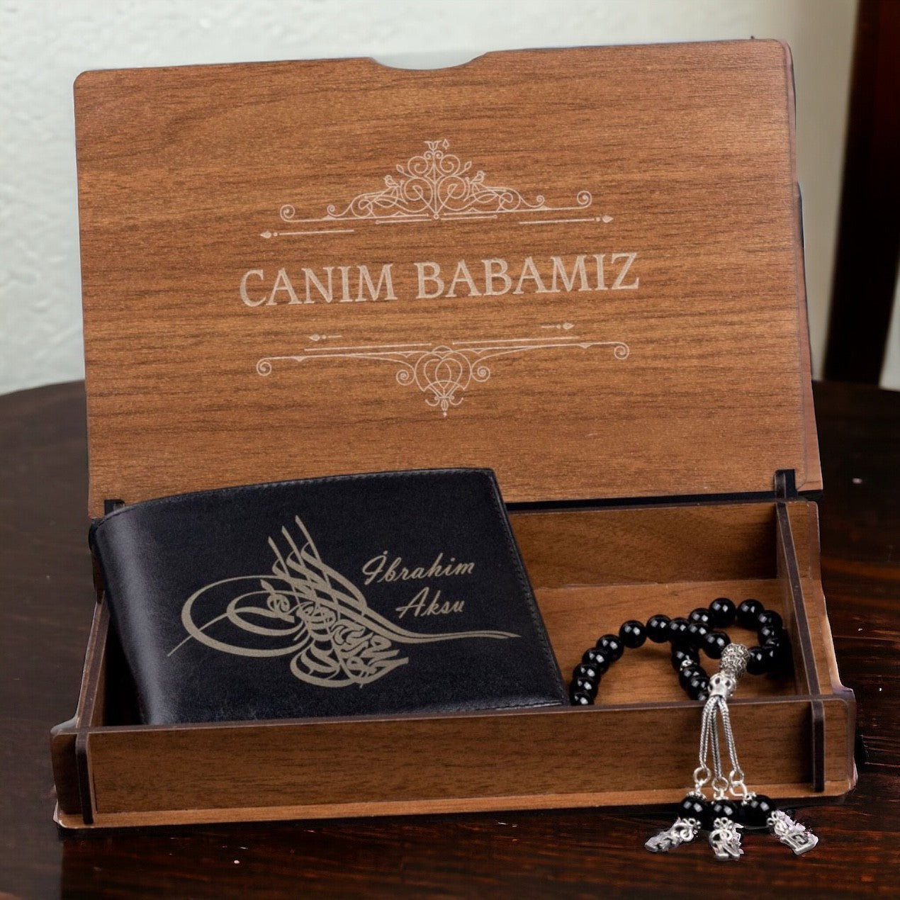 Personalized Gift Set Leather Wallet, Prayer Beads & Gift Box