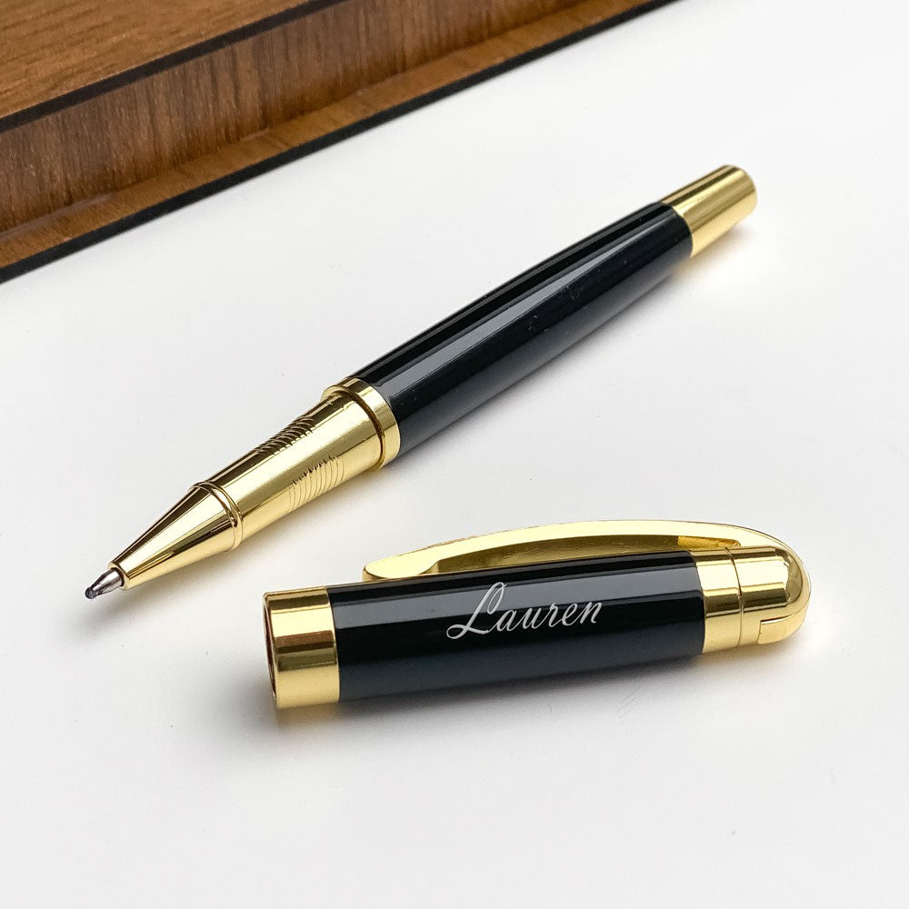 Luxury Ballpoint and Rollerball Pen Gift Set with Personalized Wooden Box