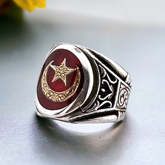 925 Sterling Silver Ring with Crescent and Star Enamel Art - OUTLET