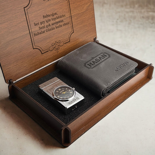 Wooden Boxed Leather Wallet and Watch Lighter Gift Set - Customizable