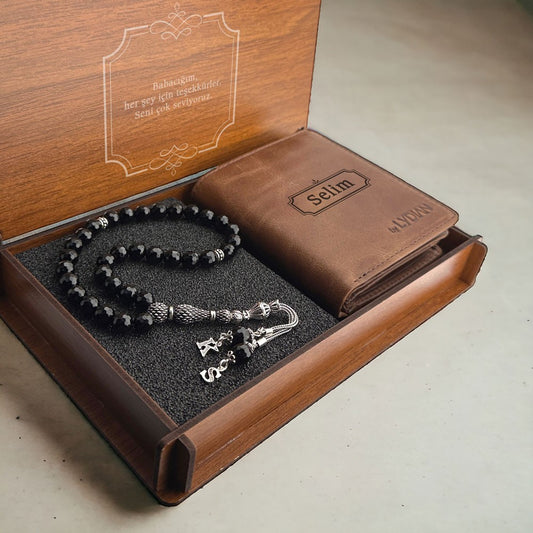 Leather Wallet with Wooden Box and Silver Prayer Beads with Onyx Stone Gift Set - Customizable