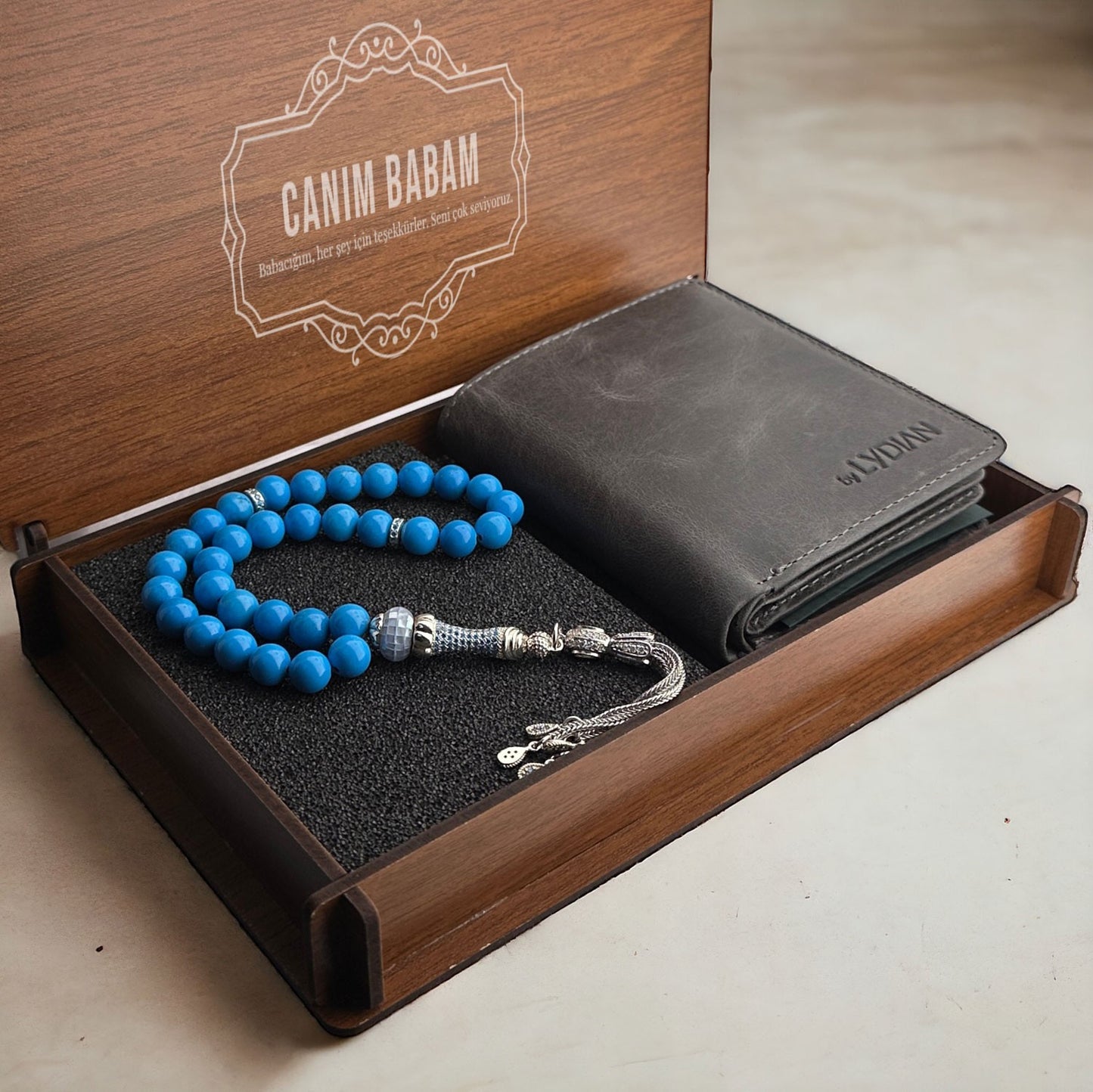 Leather Wallet with Wooden Box and Silver Prayer Beads with Natural Stones Gift Set - Customizable