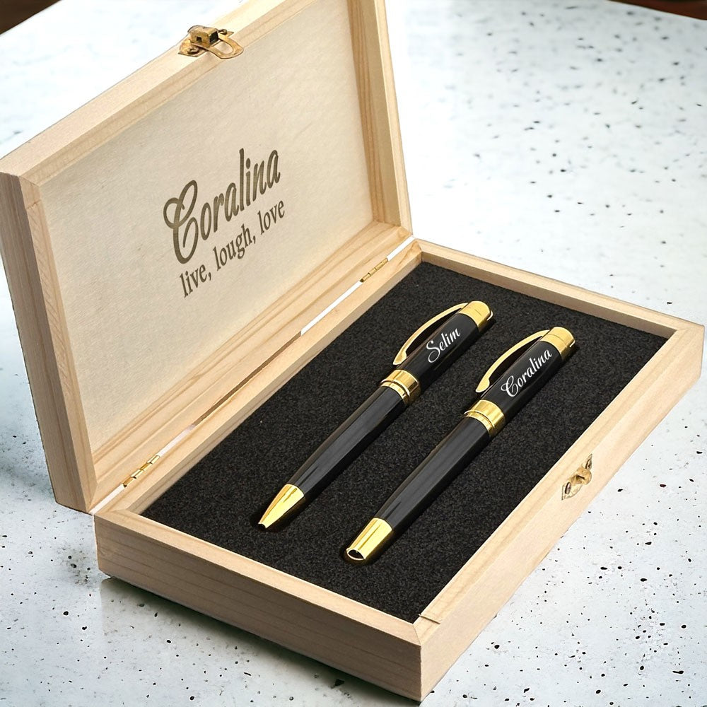 Luxury Ballpoint and Rollerball Pen Gift Set with Personalized Wooden Box