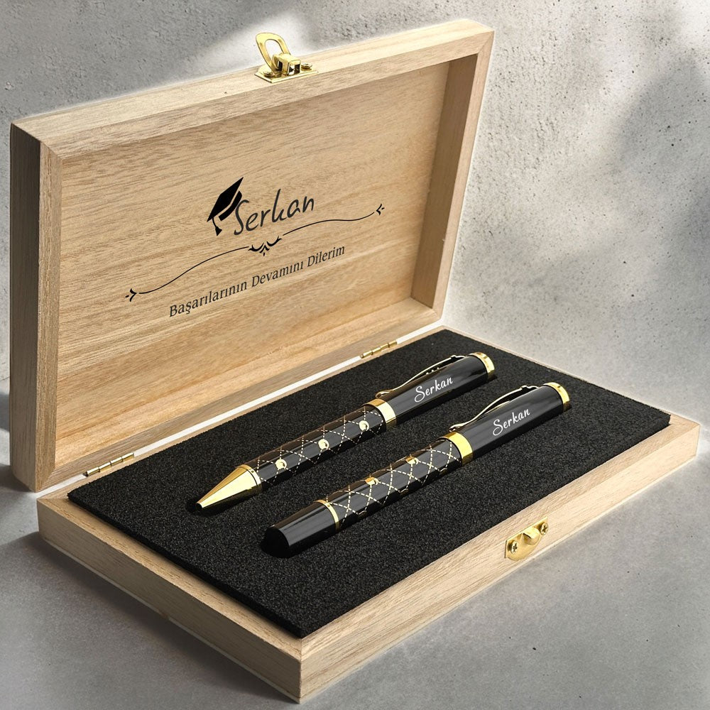 Luxury Ballpoint and Rollerball Pen Gift Set with Personalized Wooden Box