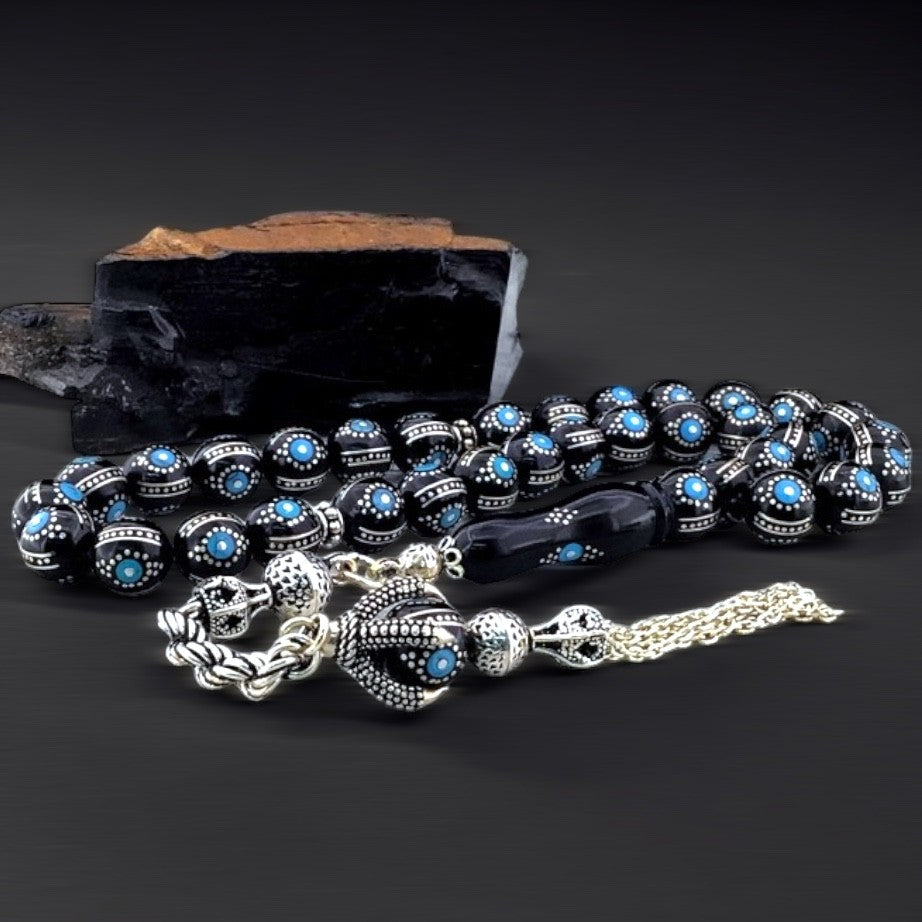 Hand Workmanship Blue Enamel Erzurum Oltu Silver Tesbih