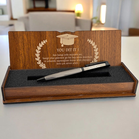 Personalized Graduation Metal Ballpoint Pen Gift Set with Name in Wooden Box