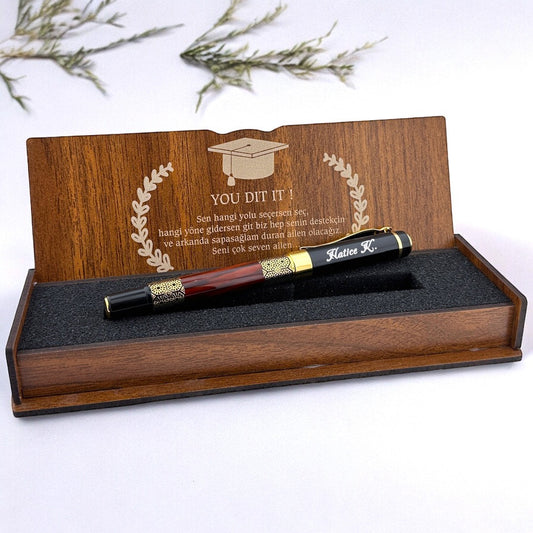 Metal Roller Pen Gift Set with Name and Wooden Box for Graduation