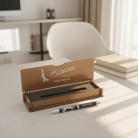 Atatürk Silüeti İşlemeli İsimli Kalem ve Ahşap Hediye Kutu