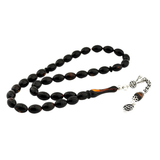 925 Silver Tasseled Capsule Cut Fire Amber Rosary