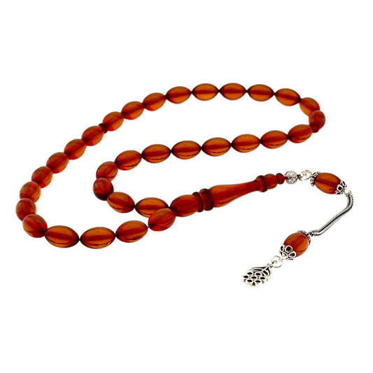 925 Silver Tasseled Capsule Cut Fire Amber Rosary