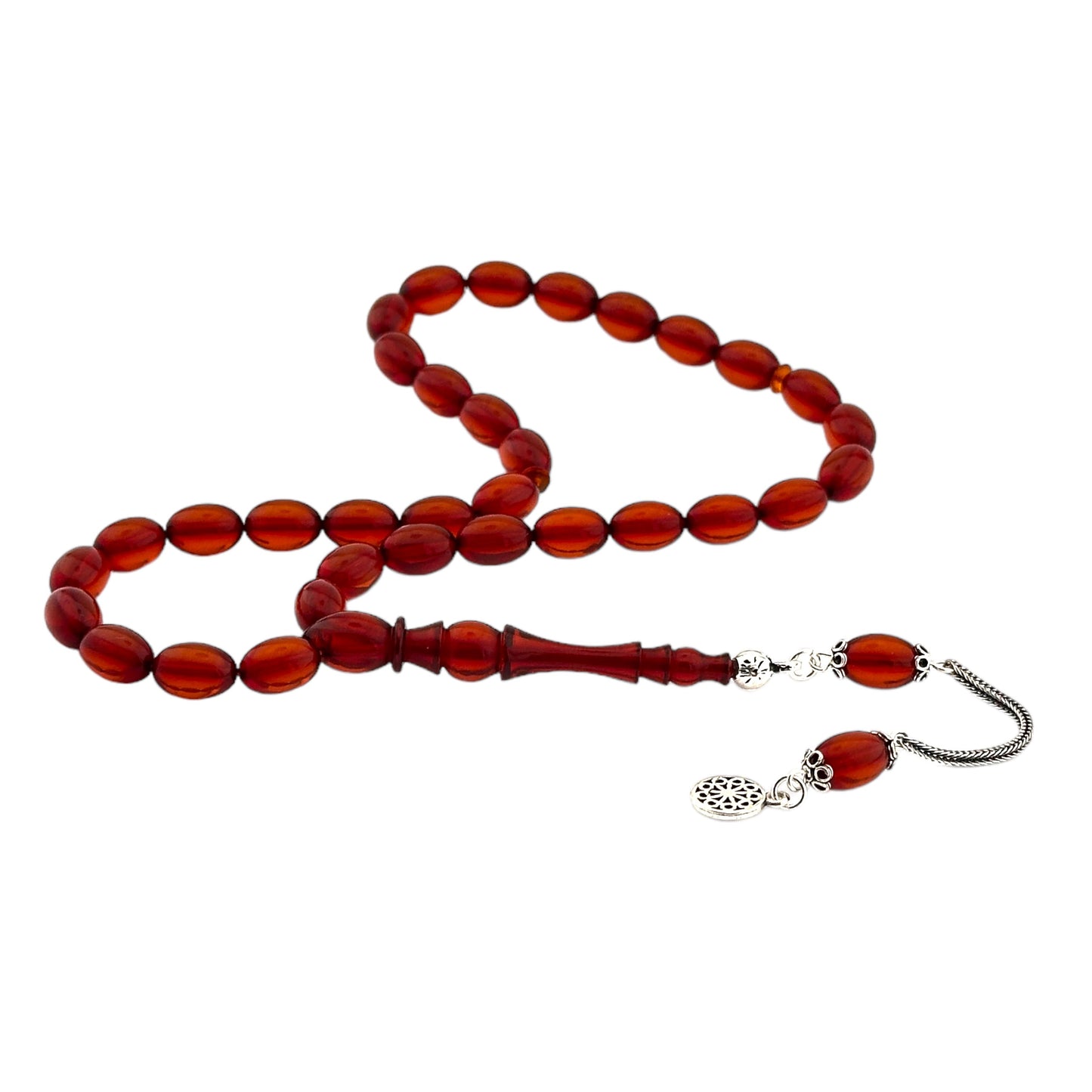 925 Silver Tasseled Capsule Cut Fire Amber Rosary