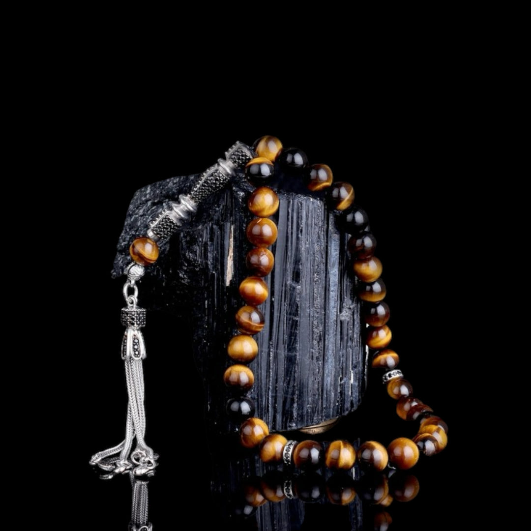 Tiger Eye Rosary with Zircon Stone and Silver Tassel - Wrist Size