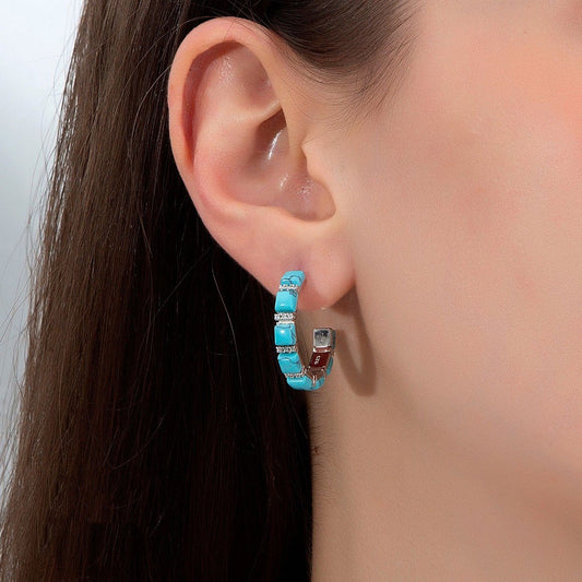 925 Sterling Silver Earrings with Turquoise and Zircon Stones