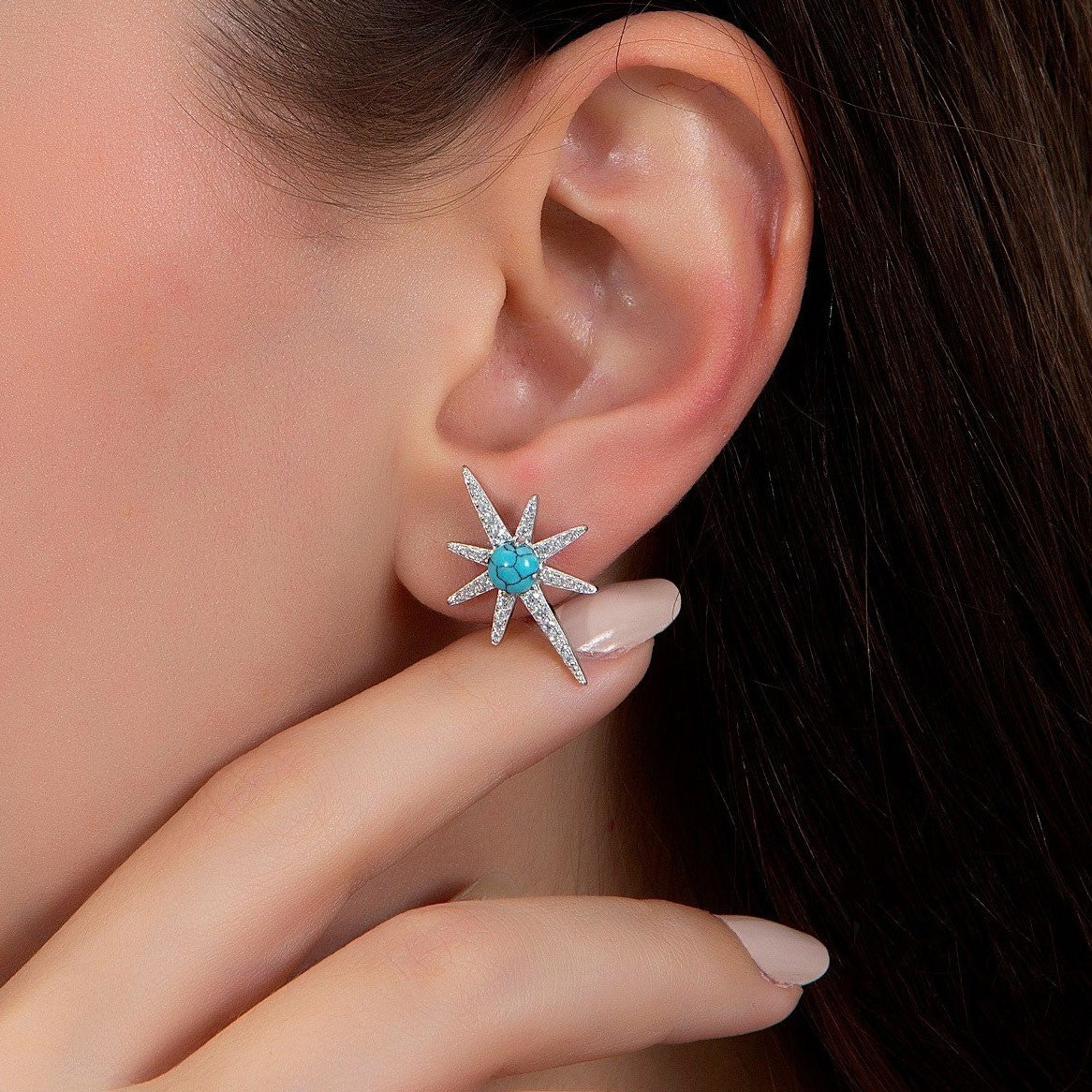 925 Sterling Silver Earrings with Turquoise and Zircon Stones