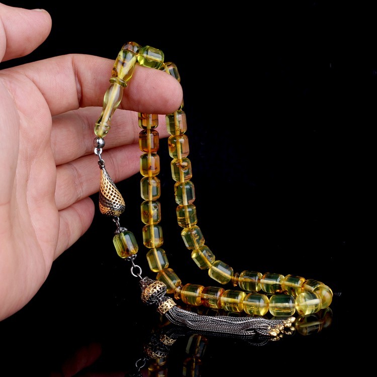 Capsule Cut Drop Amber Rosary with Silver Tassels and Fly Fossils on Each Bead