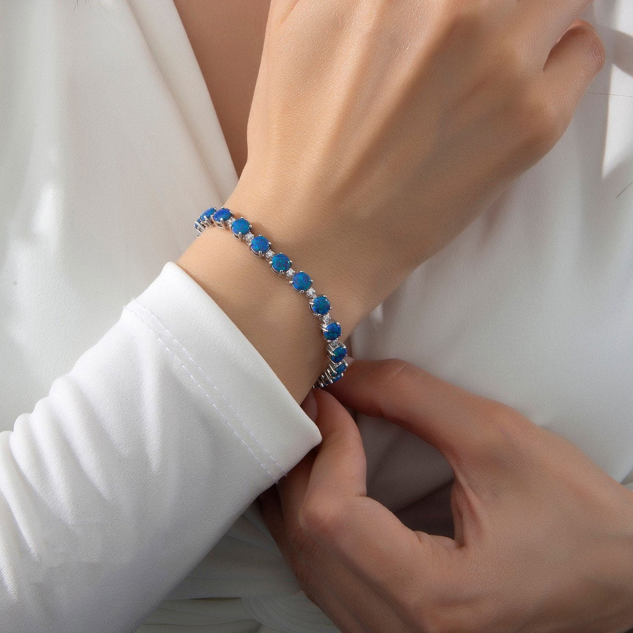 925 Sterling Silver Bracelet with Opal Stone and Zircon Stone