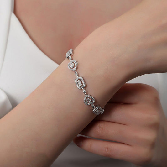 925 Sterling Silver Bracelet with Heart and Square Motifs and Zircon Stones