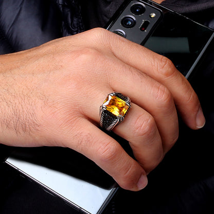 Anneau d'argent pour hommes en pierre de zircon jaune