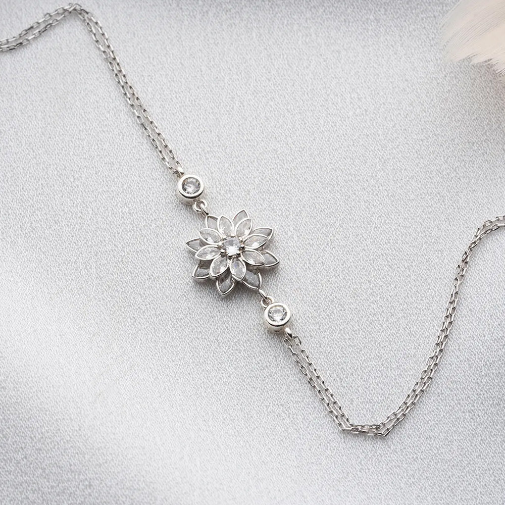 White Zircon Stone Lotus Bracelet -925 Sterling Silver