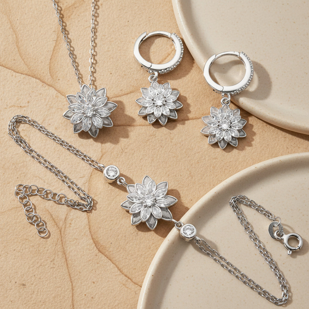 925 Sterling Silver Lotus Flower Jewelry Set (Necklace-Cup-Biletry)