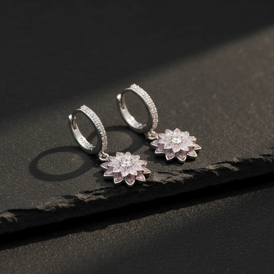 925 Sterling Silver Pink Lotus Flower Earrings