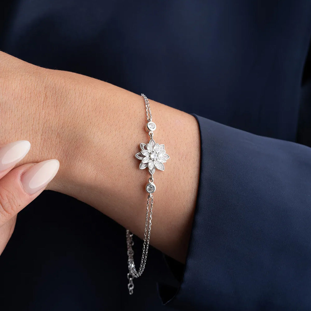 White Zircon Stone Lotus Bracelet -925 Sterling Silver