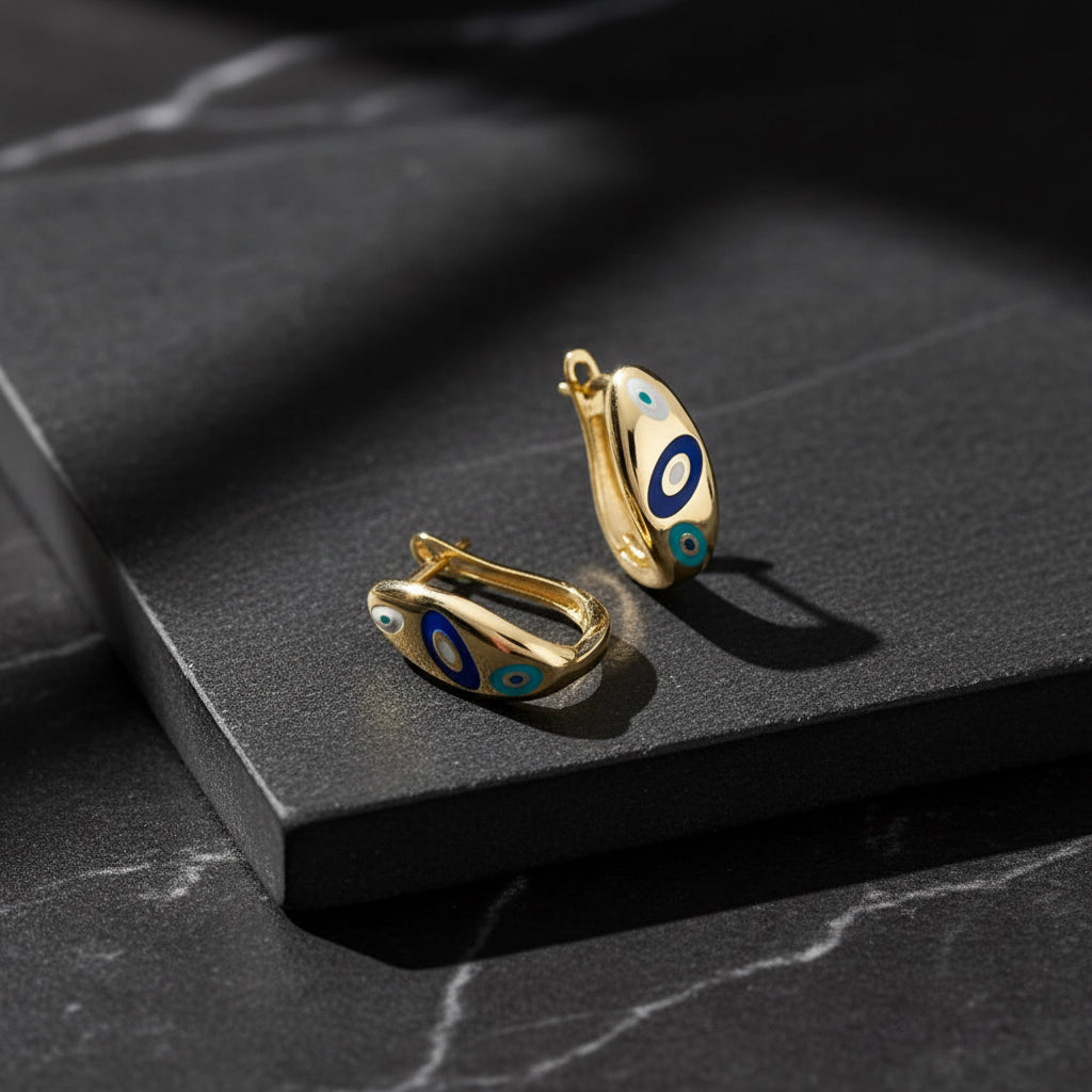 Gold Enamel Nazar Silver Earrings - 925 Sterling Silver