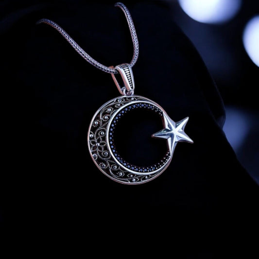 Collier en argent étoile de la lune en pierre de zircon