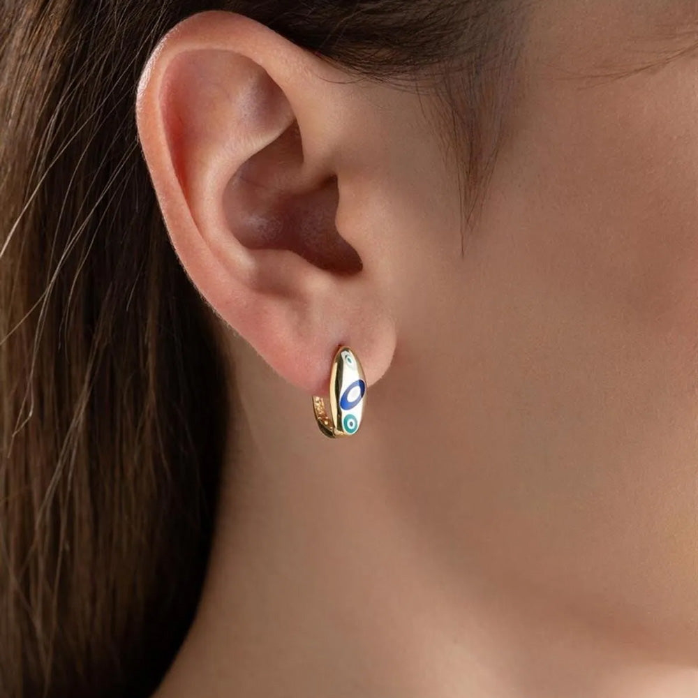 Gold Enamel Nazar Silver Earrings - 925 Sterling Silver