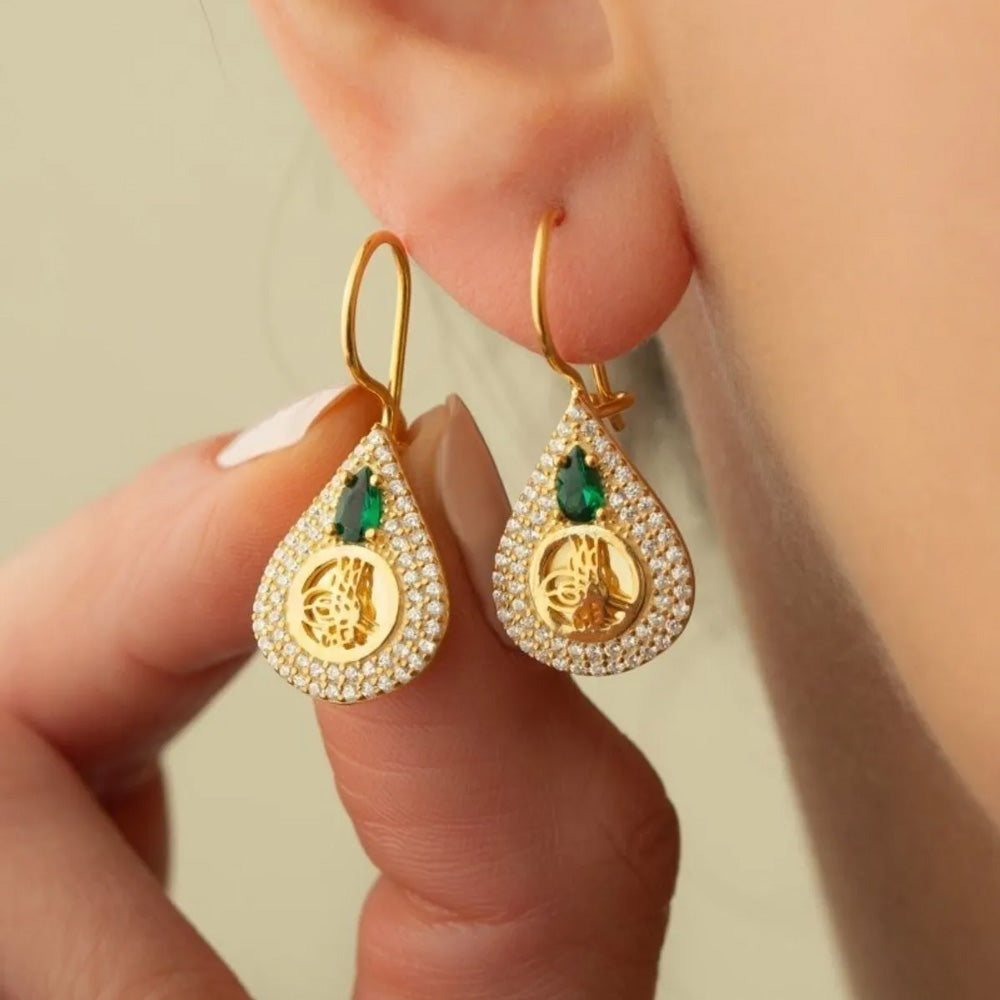 Gold Zirkon Taşlı Tuğralı Gümüş Küpe - 925 Ayar Gümüş