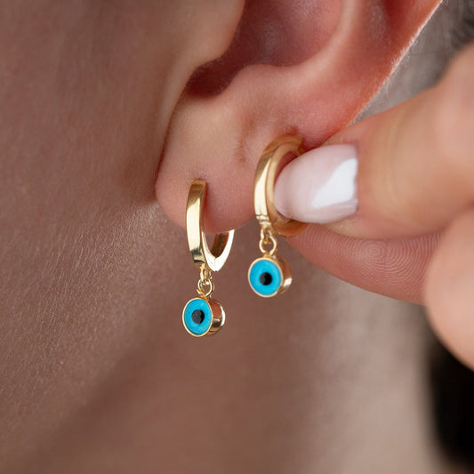 Nazar Taşlı Halka Küpe – 925 Ayar Gümüş – Blue Aura