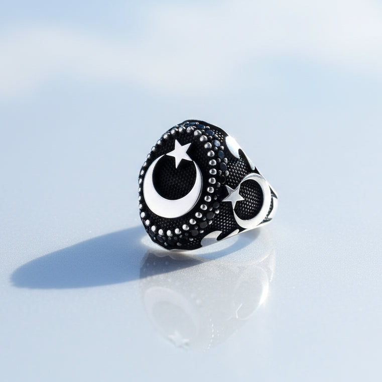 Moon Star Motif Silver Men's Ring