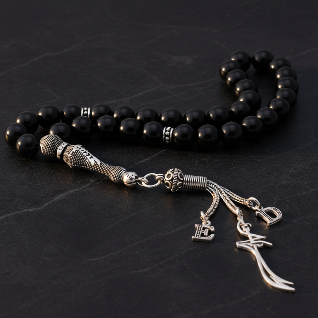 925 Sterling Silver Tassel Zulfikar Onyx Stone Letter Tesbih