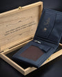 Navy blue men's leather wallet - personalized wooden box