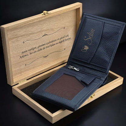 Dunkelblaues Herren Leder Portemonnaie – Personalisierte Holzbox

