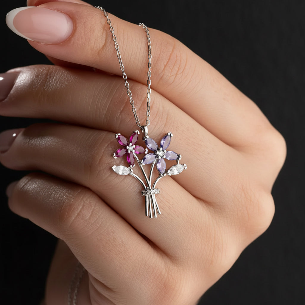 925 Sterling Silver Flower Bouquet Necklace