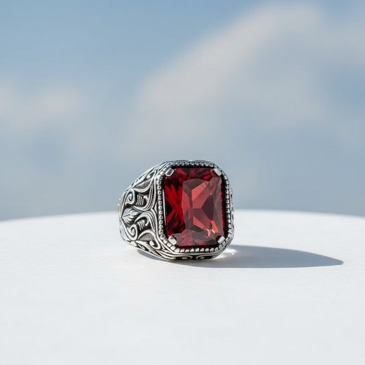 Red Zircon Stone Men's Silver Ring