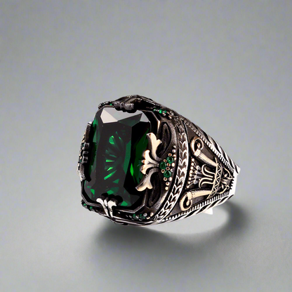 Green Zircon Stone Men's Silver Ring